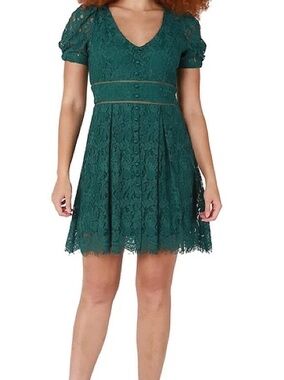 Dex Lace Dress Emerald Green Short Sleeve Fit & Flare Wedding Guest Size M